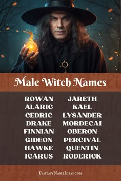 the male witch names in front of an image of a wizard holding a glowing ball