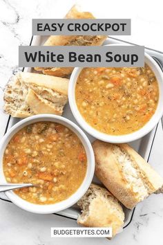 three bowls of easy crockpot white bean soup with bread on the side and text overlay