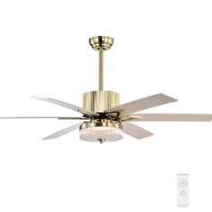 a ceiling fan with two lights and a remote control