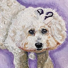 a painting of a white dog with curly hair and blue eyes on a purple background