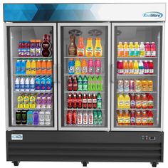 two refrigerators filled with drinks and beverages on display in front of a white background