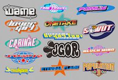 many different types of stickers on a gray background with the words, name and logo