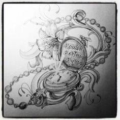 a drawing of a pocket watch with flowers on it