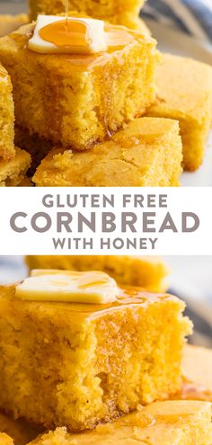 cornbread with honey is stacked on top of each other and the words gluten free cornbread with honey above it