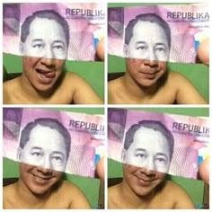 four pictures of a man with multiple expressions on his face and the same person's shirtless torso