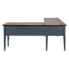 a blue desk with a wooden top and two drawers on one side, against a white background