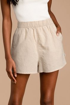 Rhythm Classic Beach Short Sand - Beige Shorts - Linen Shorts - Lulus Beige Summer Shorts, Neutral Shorts For A Day Out, Medium Size Body Outfits, Puerto Rico Style, Button Up White Shirt, Beige Beach, Pool Pics, 2023 Beach, Wardrobe Aesthetic