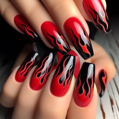 Fire Themed bold Red nail Art design for Coffin-Shaped Nails Nails Acrylic Fire Flames, Gel Nails Flames, Black And Red Fire Nails, Red Fire Nails Designs, 1950s Nails Ideas, Fire Nail Art Design, Fire Nails Acrylic, Acdc Nails, Red Flames Nails