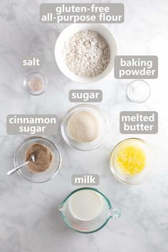 ingredients to make gluten - free flour recipe laid out on a marble counter top