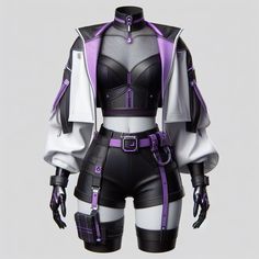 Futuristic Clothing Aesthetic, Cyberpunk Fashion Aesthetic, Cyberpunk Outfit Colorful, Outfit Ideas Cyberpunk, Purple Cyberpunk Outfit, Villain Outfits Design, Cyberpunk Outfit Ideas