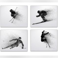 four black and white images of skiers in the snow, with spray coming from their skis