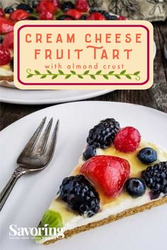 a slice of cream cheese fruit tart with almond crust