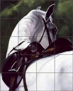 a painting of a white horse with black bridles