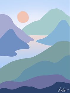 an abstract landscape with mountains and water