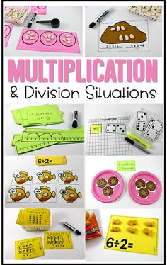 a collage of different activities for kids to do with the addition and division stations