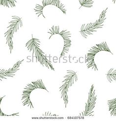 seamless pattern with pine needles and heart shape on white background, hand drawn illustration