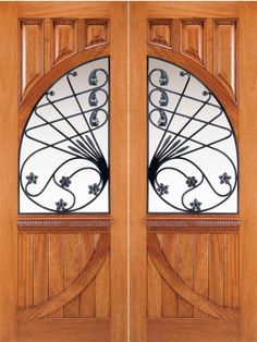 two wooden doors with glass and metal designs