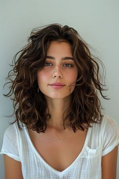 Shaggy Naturally Wavy Hair, Medium Short Hairstyle Women Wavy Hair, Collarbone Length Hair With Layers Curly, Lob With Bangs Curly Hair, Medium Length Wavy Hair Curtain Bangs, Hairstyles Curls Medium, Curly Hair Lob Shoulder Length, Wavy Hair Collarbone Length