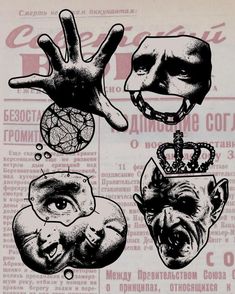 an old poster with three different faces and hands