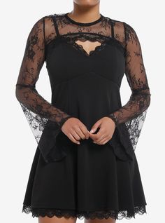 Cosmic Aura Lace Crop Bolero Shrug Twofer Cami Dress | Hot Topic Shrug Sleeves, Cosmic Aura, Cutesy Outfit, Black Bell Sleeve Dress, Cami Slip Dress, Bolero Shrug, Midsize Fashion, Fun Toys, Dress Halloween Costume