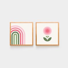 two paintings on the wall with one pink flower