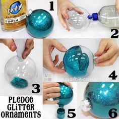 instructions to make an ornament out of plastic balls with glue and glitter on them