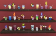 three shelves filled with different types of drinks on top of each other and lit candles in the middle