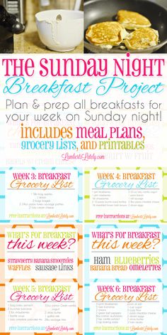 the sunday night breakfast menu is shown in different colors and font styles, including oranges,