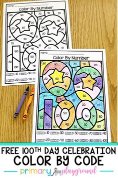 two color by number worksheets for the 100th day of school, with text overlay