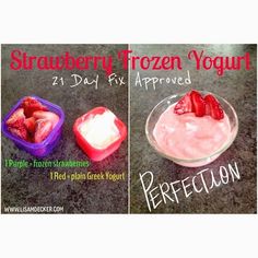 two pictures of frozen yogurt with strawberries in it