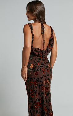 Stephania Midi Dress - Cowl Neck Low Back Burnout Slip Dress in Chocolate Brown Formal Dress, Fall Cocktail Dress, Brown Floral Dress, Fancy Dinner Party, Mermaid Style Dress, Wedding Vision, Cute Prom Dresses, Fancy Dinner, Dress Silhouette