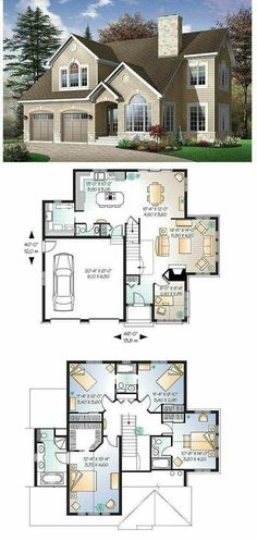 two story house plans with an open floor plan and three car garages on each side