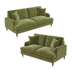 two green velvet couches with pillows on them