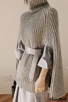 OliviaMark - Premium Solid Patchwork Rollkragenpullover - Casual Street Style (Gürtel nicht inbegriffen) Casual Cape, Cape Sweater, Cape Style, Womens Turtleneck, Loose Outfit, Knitted Poncho, Loose Sweater, Turtle Neck Top, Mode Inspiration