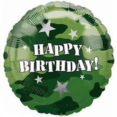 a green foil balloon with the words happy birthday written on it and stars in the background