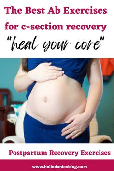 a pregnant woman holding her stomach with the words postpartum recovery exercises on it