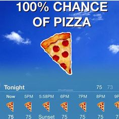 a pizza advertisement with the words, 100 % chance of pizza on it's screen