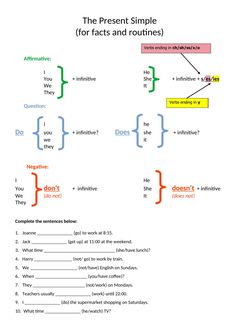 the present simple for fact and routines worksheet is shown in this diagram