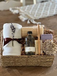 a wicker basket filled with personal care items