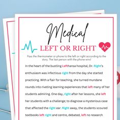 Printable Medical Left or Right Story Game WHAT YOU GET Printable Medical Games in both 5 × 7" Size and 8.5 x 11" (2 per page) HOW IT WORKS: After purchase, you will receive a download link where you will access your PDF files in 8.5 × 11 and 5 x 7 inches (printed as 2 games on an 8.5 by 11 Inch paper or A4) inches size that you can print at home or at the printing shop. You will also receive an email from Etsy with your download(s) or feel free to log in to your account to access your downloads Medical Games, Medical Party, Graduation Nurse, Medical Leave, Nurse Graduation, Story Games, Nursing Graduation, Class Activities, Printing Shop