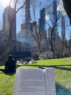 an open book sitting on top of a lush green field next to a tree filled park