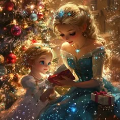 two princesses sitting in front of a christmas tree looking at a gift under the tree