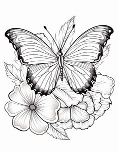 a black and white drawing of a butterfly on flowers