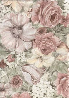 a drawing of flowers and leaves on a wallpapered background with pink, white and green colors