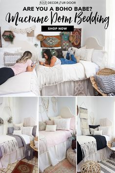 a woman laying on top of a bed in a room with lots of pillows and blankets