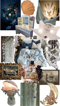 a collage of various items including an ocean theme and seashells on display