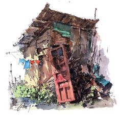 an artistic painting of a house with clothes hanging out to dry on the outside,