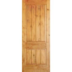 an unfinished wooden door with no glass on the top and bottom panel, in front of a white background