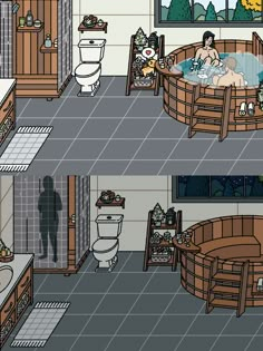 two views of a bathroom with a person in the jacuzzi