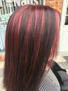 Black Streaks In Red Hair, Red Strands In Black Hair, Cherry Red Under Black Hair, 200s Chunky Highlights, Cherry Red Streaks On Black Hair, Thick Red Highlights, Red Stripes Hair, Black Hair With Red Underneath Wolfcut, Red Hair With Black Highlights